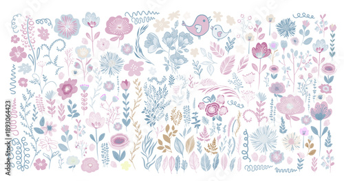 Set of different soft pastel colored vector flowers . hand drawn. Not AI, Vector illustration.