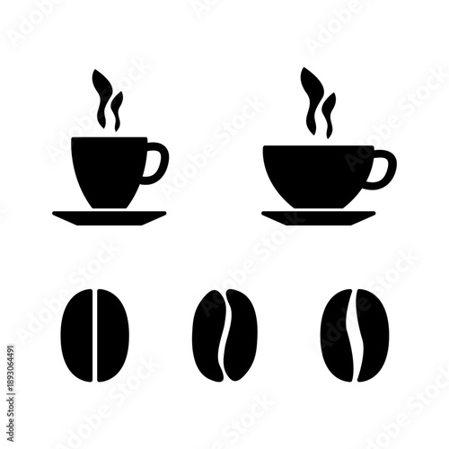 Stylized Coffee Bean and Cup Black Silhouette Icon Set. Vector Image.