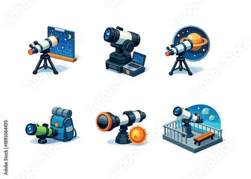 Space Observation Icons. Space Observation. Isometric flat vector icons set of Space Observation: telescope with sky map, digital telescope setup, telescope
