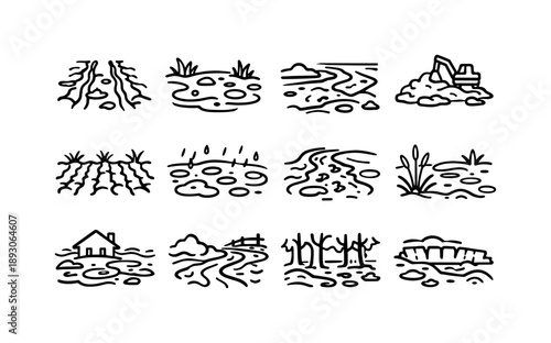 Mud Icon Set. Mud Environment. Line icon set of Mud Environment: muddy road, swamp mud, riverbank mud, construction mud, farmland soil, rain soaked ground,