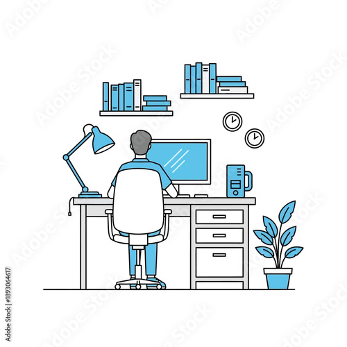 Man working on computer at office desk with books and plant.