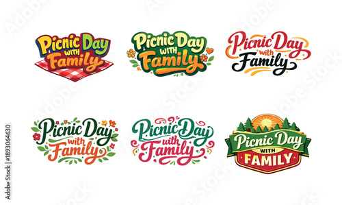 Creative Lettering Picnic. Picnic day with family. Set lettering. harmonious lettering variations of the same emblematic concept, each with different artistic