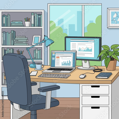 Modern office workspace with computer and ergonomic chair.