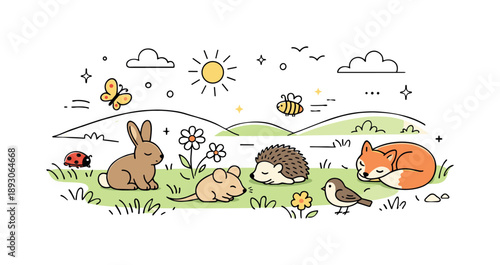 Grassland Wildlife Scene. Grassland animal habitat. Small animals resting and moving among grass, flowers, and gentle hills. Simple, educational wildlife scene