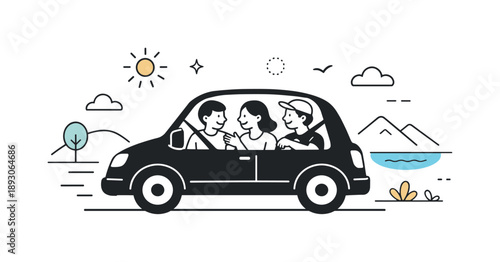 Journey with Friends. Friends on the road. A car driving through a simple landscape with passengers chatting inside. Relaxed travel mood, connection, and open