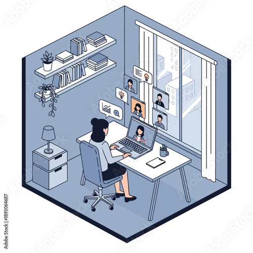 Woman working from home office on laptop with video conference.