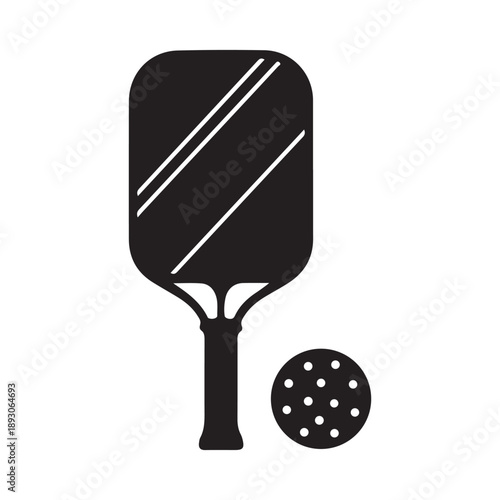 Silhouette of pickleball paddle and ball vector icon, isolated on white background.