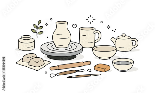 Pottery Class Scene. Pottery class illustration. A cozy creative scene with unfinished ceramic pieces, tools, and soft shadows, expressing craft, patience, and