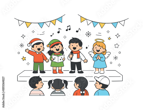 Joyful School Performance. Children at holiday school party performance. Kids singing or performing together in front of classmates. Joyful expression and