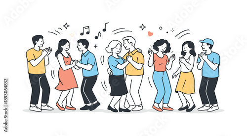 Social Dance Harmony. Social dance scene. People moving together to music, some clapping, others swaying calmly. The illustration focuses on togetherness,