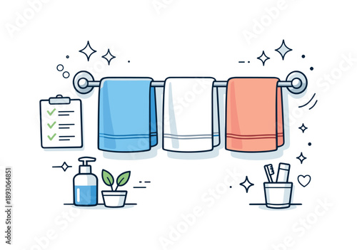 Tidy Towel Arrangement. Towel rack bar organization. A tidy bathroom scene with towels evenly spaced on a rack bar, small checklist and sparkle icons