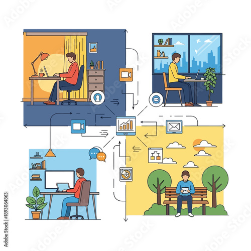 Remote work concept with people working from different locations.