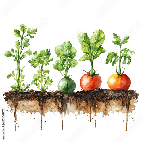 Growing Vegetables In Spring, cute watercolor illustration with intricate patterns and vibrant splashes, isolated on a white background.