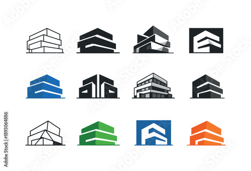 3D Facade Icon Set. 3D facade. Icon set. Set Logo of 3D facade: modern building front with depth layers. harmonious logo variations of the same emblematic