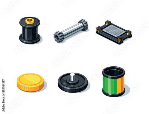 Camera Film Components. Camera film components. Isometric flat vector icons set of camera film components: plastic film spool, metal axle core, film pressure