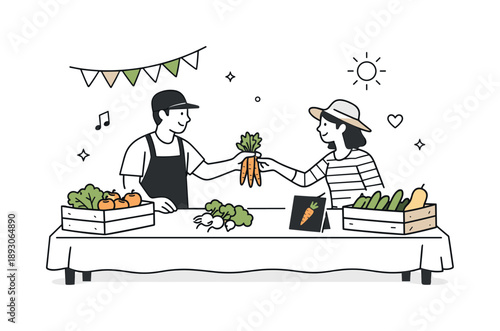 Friendly Market Exchange. Farmers market lifestyle. A vendor handing vegetables to a customer across a simple stall table, capturing friendly interaction and
