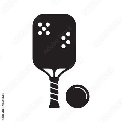 Silhouette of pickleball paddle and ball vector icon, isolated on white background.