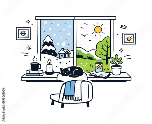 Dual-Season Window View. Two seasons one scene illustration. A window view split into two seasonal moods, snow outside on one side and fresh greenery on the