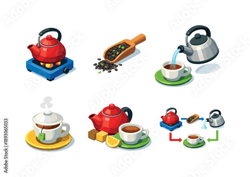 Tea Preparation Icons. Tea Preparation. Isometric flat vector icons set of Tea Preparation: warming teapot step, measured tea leaves scoop, pouring hot water
