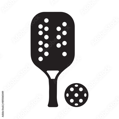 Silhouette of pickleball paddle and ball vector icon, isolated on white background.