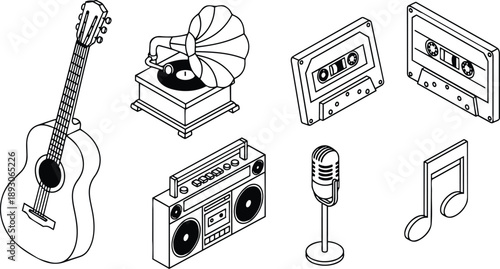 Isometric line art close up acoustic guitar gramophone boombox cassette tapes microphone and music note icons in black outline vector set for retro designs print web