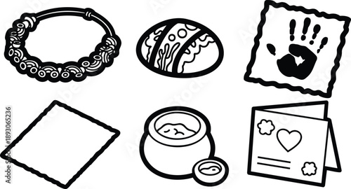 Hand drawn line art craft icons set featuring beaded bracelet decorated easter egg handprint fabric square cosmetic jar and greeting card with heart minimal flat vector