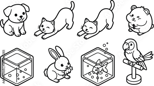 Line art vector set of cute pets puppy stretching cats hamster rabbit goldfish in tank bird on perch simple outline icons for kids playful smiling friendly