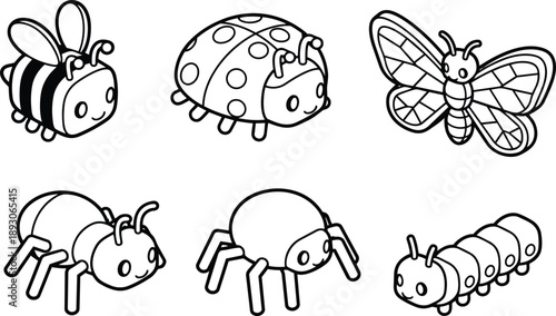 Line art kawaii insect icon set close up bee ladybug butterfly ant spider caterpillar smiling faces top view simple black outline vector minimal playful charm