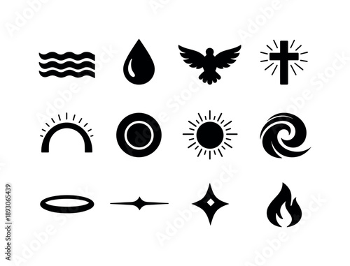 Baptism Symbol Icons. Baptism visuals. Solid icon set of baptism visuals: gentle waves, holy water drop, descending dove, glowing cross, blessing arc, sacred