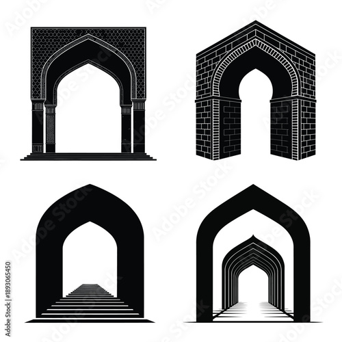islamic arch gateway silhouette set black and white geometric architecture corridor perspective vector illustration isolated on white background