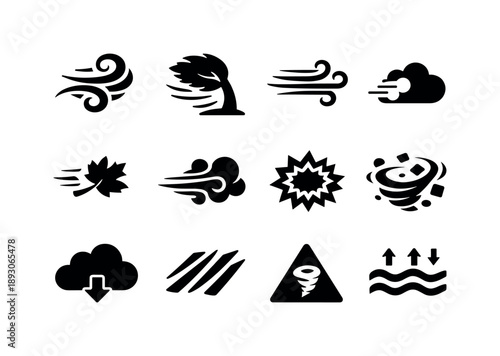 Windstorm Icons Set. Windstorm. Solid icon set of Windstorm: swirling wind, bent tree, wind lines, cloud trail, flying leaf, gust icon, pressure wave, debris