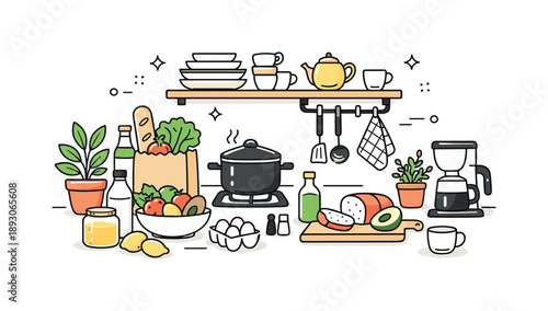 Cozy Kitchen Serenity. Kitchen lifestyle. A cozy home kitchen with fresh groceries, plants, and simple cookware arranged neatly. A feeling of comfort, balance,