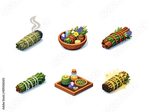 Herbal Ritual Icons. Herbal Rituals. Isometric flat vector icons set of Herbal Rituals: smudge bundle with smoke, herb offering bundle, tied intention herbs,