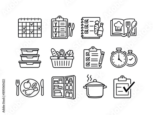 Meal Prep Icons. Meal Planning. Line icon set of Meal Planning: weekly calendar, meal plan chart, grocery list, recipe book, portion containers, shopping