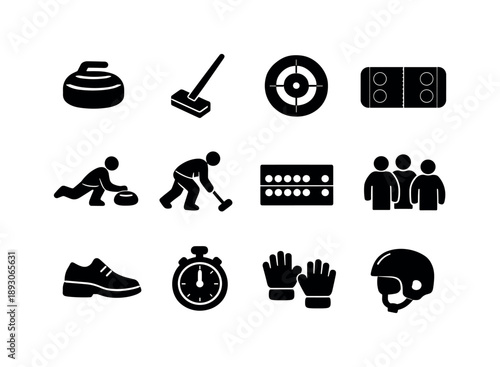 Curling Icons Set. Curling. Solid icon set of Curling: curling stone, curling broom, curling target house, ice rink, athlete throwing stone, athlete sweeping