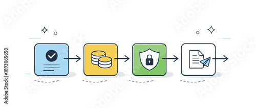 Smooth Blockchain Flow. Blockchain transaction. Data blocks moving along a chain with arrows, smooth and reliable transaction flow. Calm process visualization
