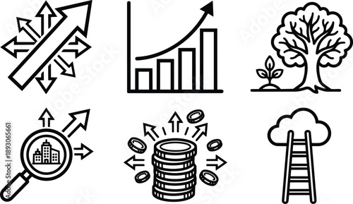 Line art vector icons set showing arrows growth chart tree sprout magnifier city coins stack and ladder to cloud in simple outline style upward business concept