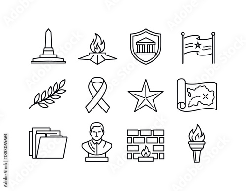 Fatherland Icon Set. Fatherland Legacy. Line icon set of Fatherland Legacy: monument silhouette, eternal flame, heritage shield, historical banner, laurel