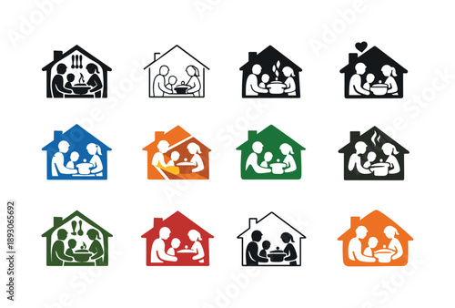 Home Cooking Icons. Cooking at home. Icon set. Set Logo of Cooking at home: family kitchen. harmonious logo variations of the same emblematic concept, each