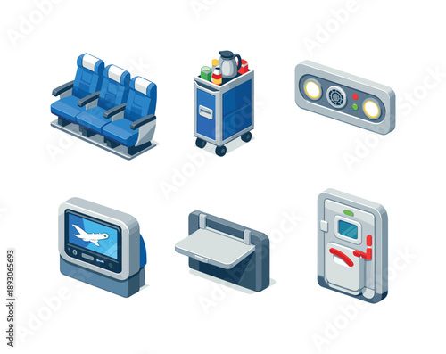 Airline Cabin Icons. Airline cabin. Isometric flat vector icons set of airline cabin: row of airplane seats, aisle service cart, reading light panel, seatback