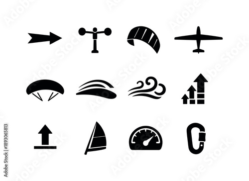 Wind Sports Icons. Wind sports. Solid icon set of wind sports: wind arrow, anemometer, kite sail, glider symbol, wing silhouette, aerodynamic curve, wind