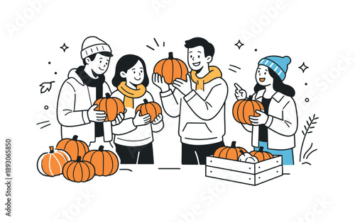 Pumpkin Picking Friends. Friends choosing pumpkins together. A small group comparing pumpkins and smiling, casual interaction and cozy fall atmosphere.