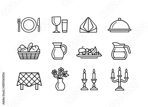 Brunch Icons Grid. Brunch Table Setting. Line icon set of Brunch Table Setting: plates, fork and knife, glassware, napkin fold, serving tray, bread basket,