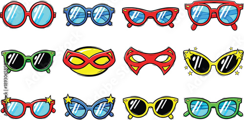 Cartoon style sunglasses and masks in various colors colorful