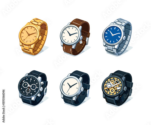 Watch Icons Grid. Watch collection. Isometric flat vector icons set of watch collection: gold wristwatch, leather strap watch, silver bracelet watch,