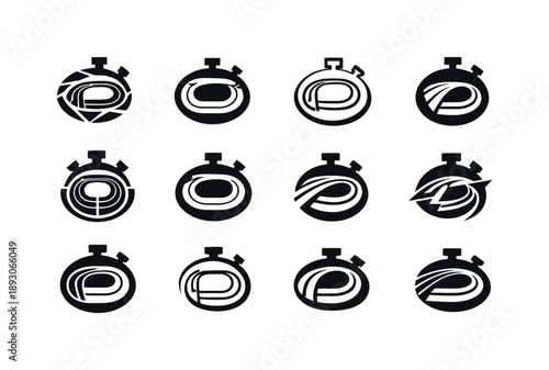 Track Workout Logos. Track workout. Icon set. Set Logo of track workout: stopwatch and track icon combination. harmonious logo variations of the same