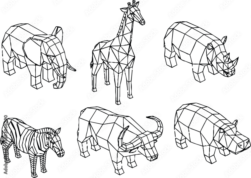 Fototapeta premium Low poly line art top view six african animals elephant giraffe rhinoceros zebra buffalo hippopotamus arranged on white background side angle vector illustration wire frame minimal