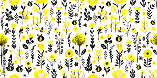Seamless pattern white background yellow flowers and bees. hand drawn. Not AI, Vector illustration.