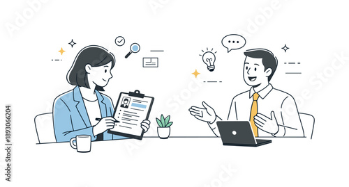 Confident Interview Exchange. Job interview conversation. Interviewer reviewing a resume while the candidate speaks confidently. Focused dialogue and attentive