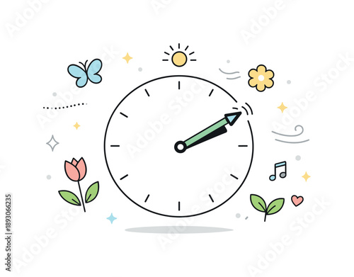 Springtime Shift. Symbolic Visuals: Clock Pointing to Spring. Minimal clock dial surrounded by light spring icons, suggesting time shifting into a new season.